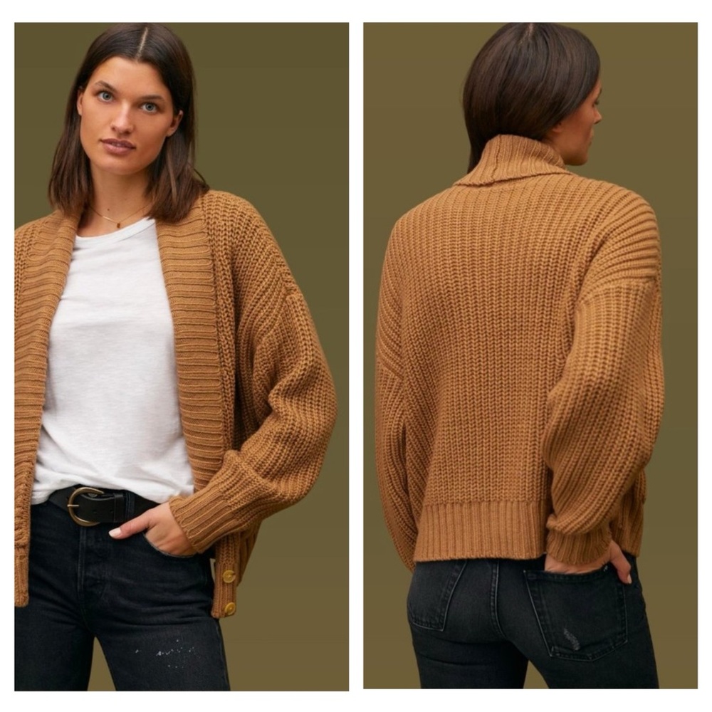 Anthropologie Deep V-Neck Shawl Ribbed Cable Knit Cardigan Honey Brown Wool Sz S